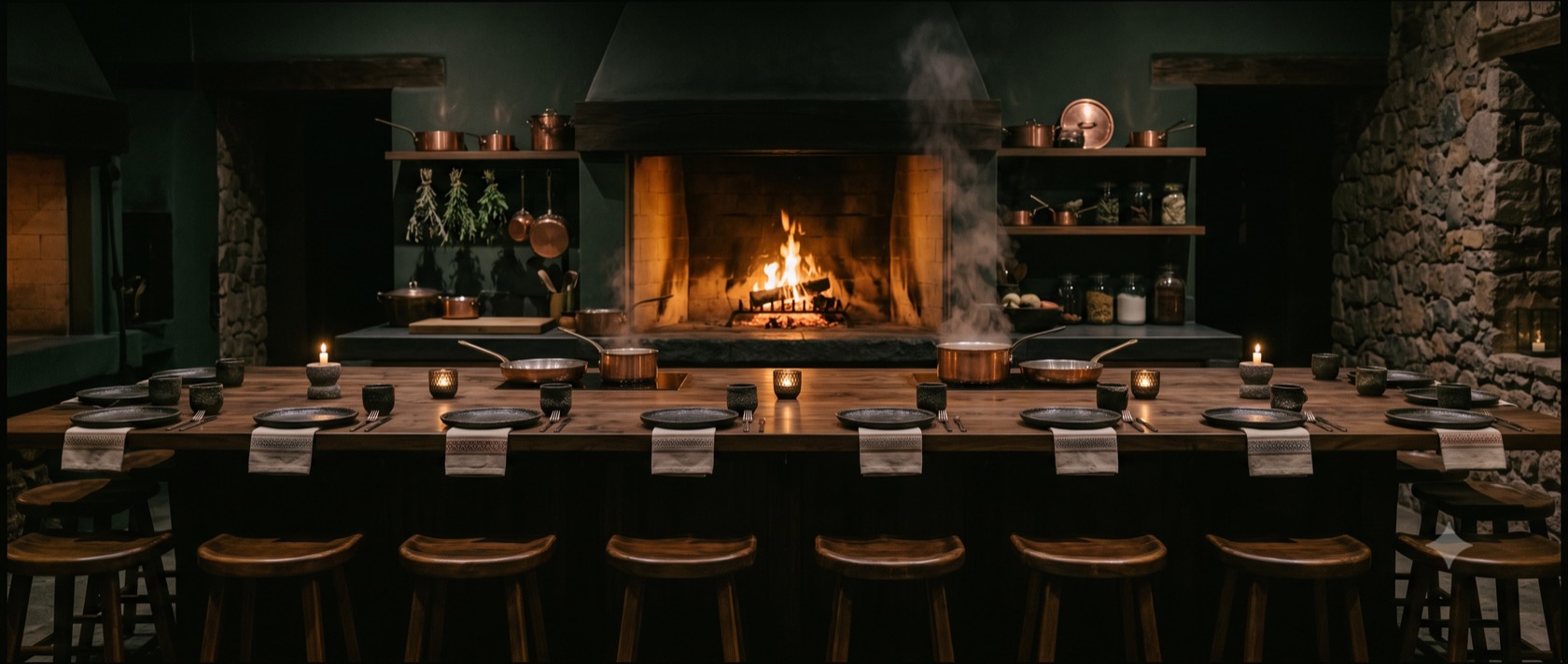 The sixteen-seat chef's counter at night, set with ceramics and candles before the wood-fire hearth
