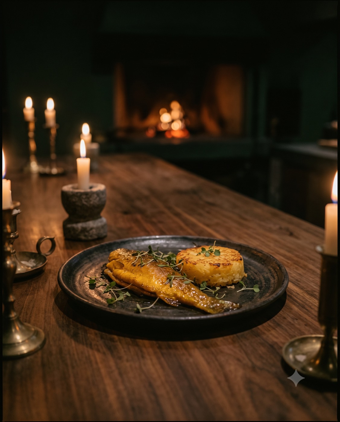 Saffron-braised valley trout with a golden tahdig of native potato, plated on dark ceramic at the candlelit chef's counter